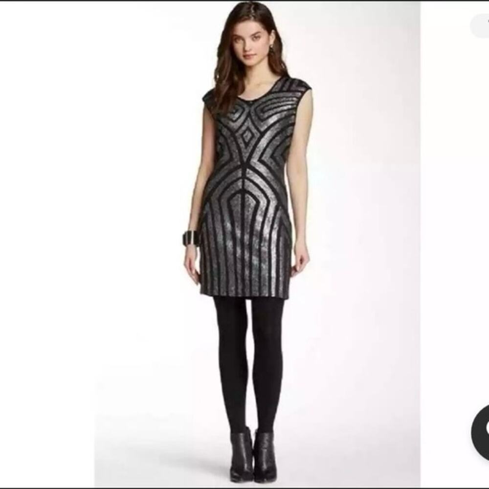 Art Deco Sequin Sheath Dress Black‎ Silver Geometric Party Cocktail Evening